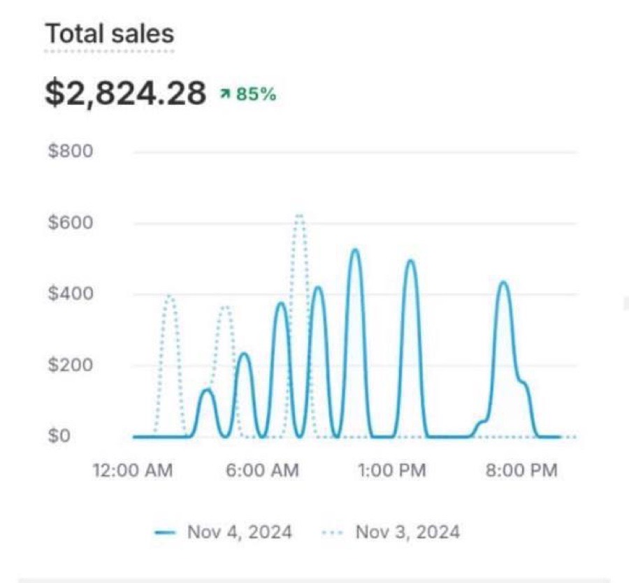 Shopify analytics: $2,824.28 total sales, up 85% day over day